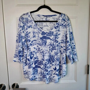 Nicole Miller 100% Linen Blouse Size XL Blue Hawaiian Floral Print Coastal Beach